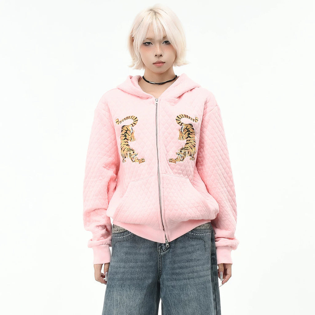 OV Original Trendy Brand Tiger Embroidery Diamond Grid Hoodie for Men and Women Autumn Street Loose Zipper cardigan Coat