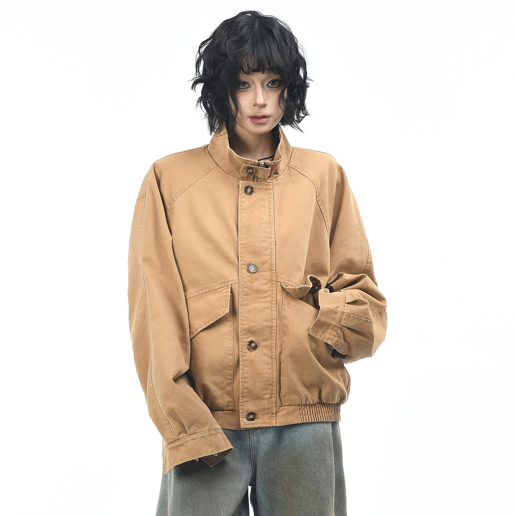 OV original American washed large pocket workwear jacket for men and women, autumn street loose casual couple stand up collar jacket