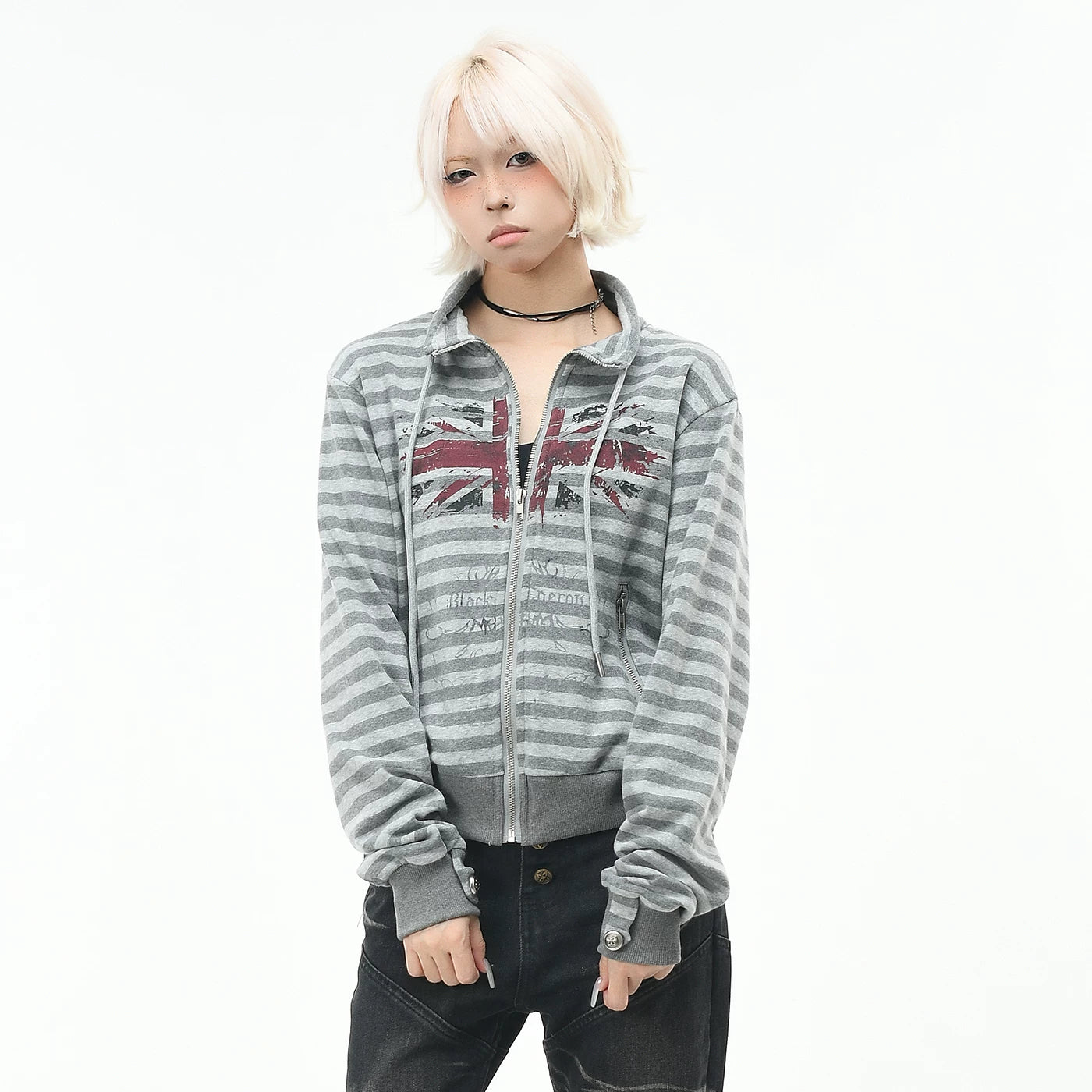 OV original American retro striped stand up collar zipper cardigan sweatshirt for men and women in autumn loose short casual jacket trend