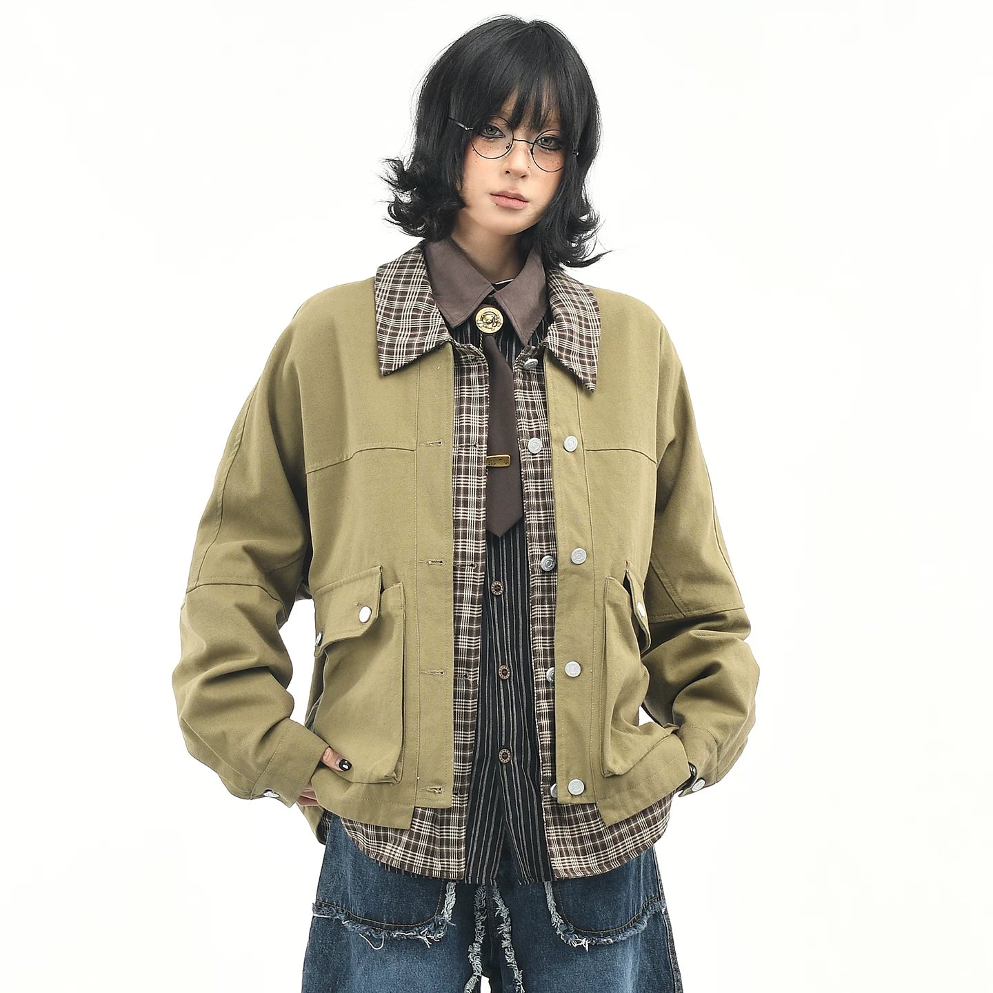 OV original American retro checkered patchwork fake two-piece workwear jacket for women, autumn casual loose collar jacket for men