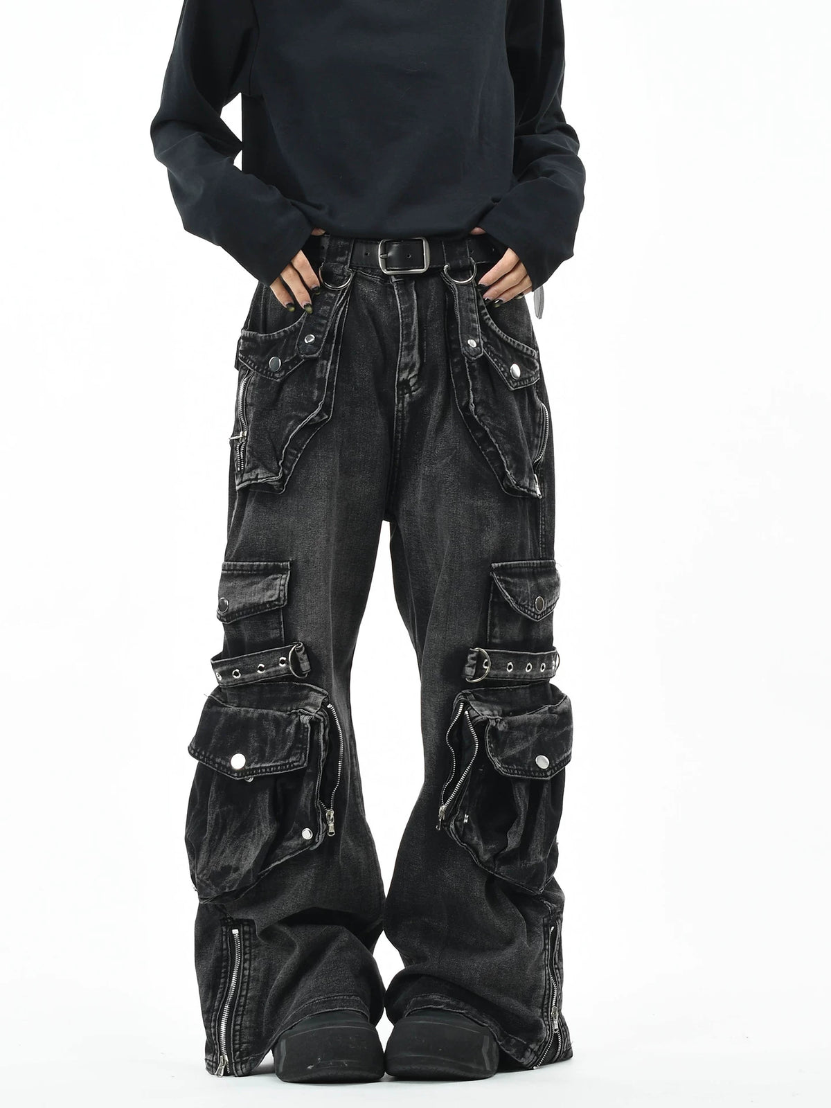 OV original American heavy industry vintage washed multi pocket workwear jeans for men and women loose wide leg punk style pants