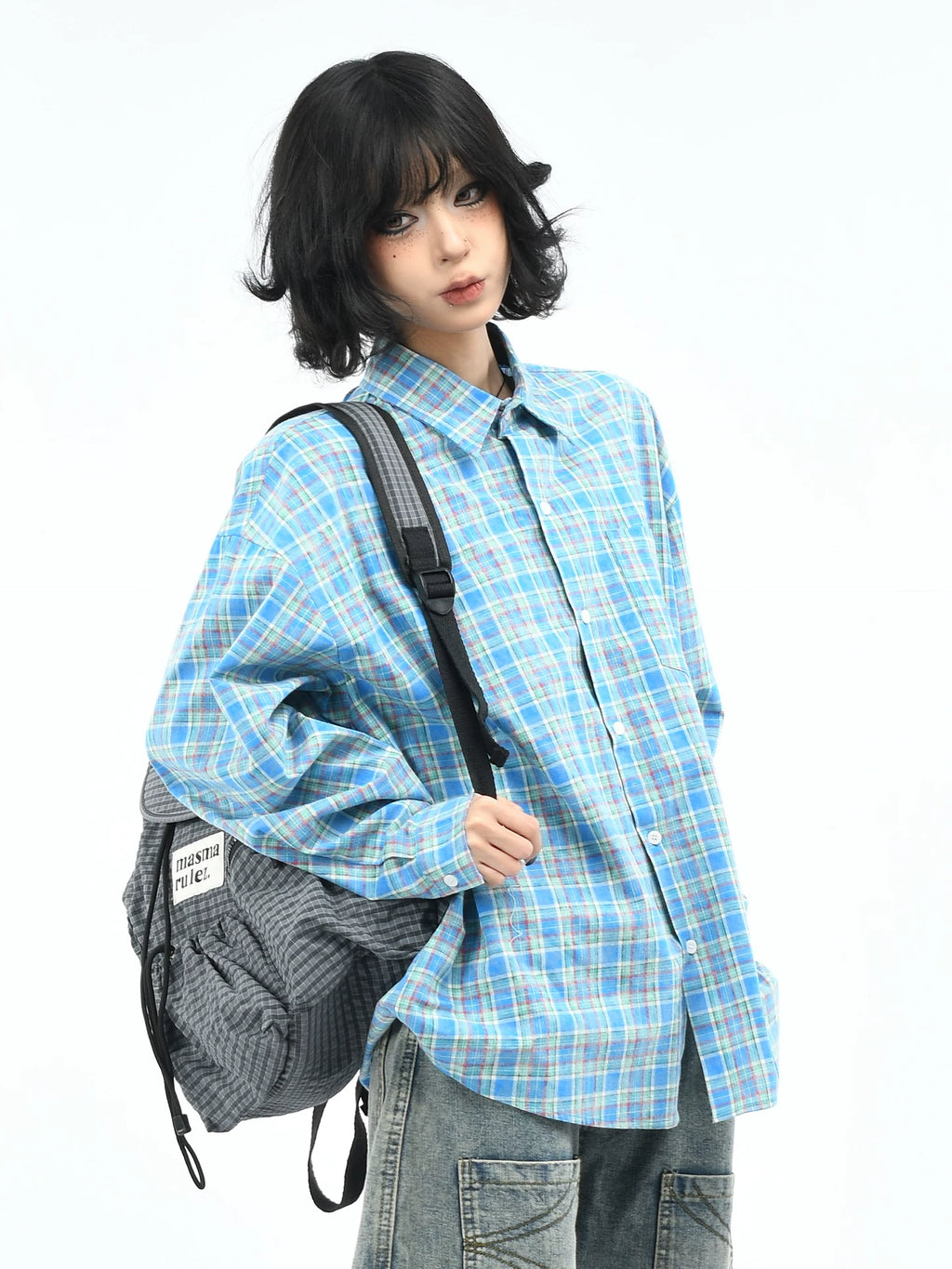 OV original American retro embroidered blue checkered shirt for men and women autumn street loose casual long sleeved shirt trend