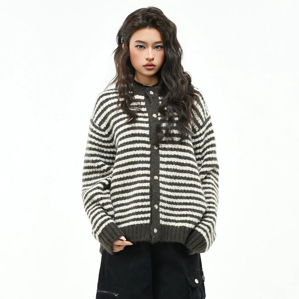 OV original retro striped contrasting lazy knit sweater, men's and women's autumn loose short button cardigan jacket