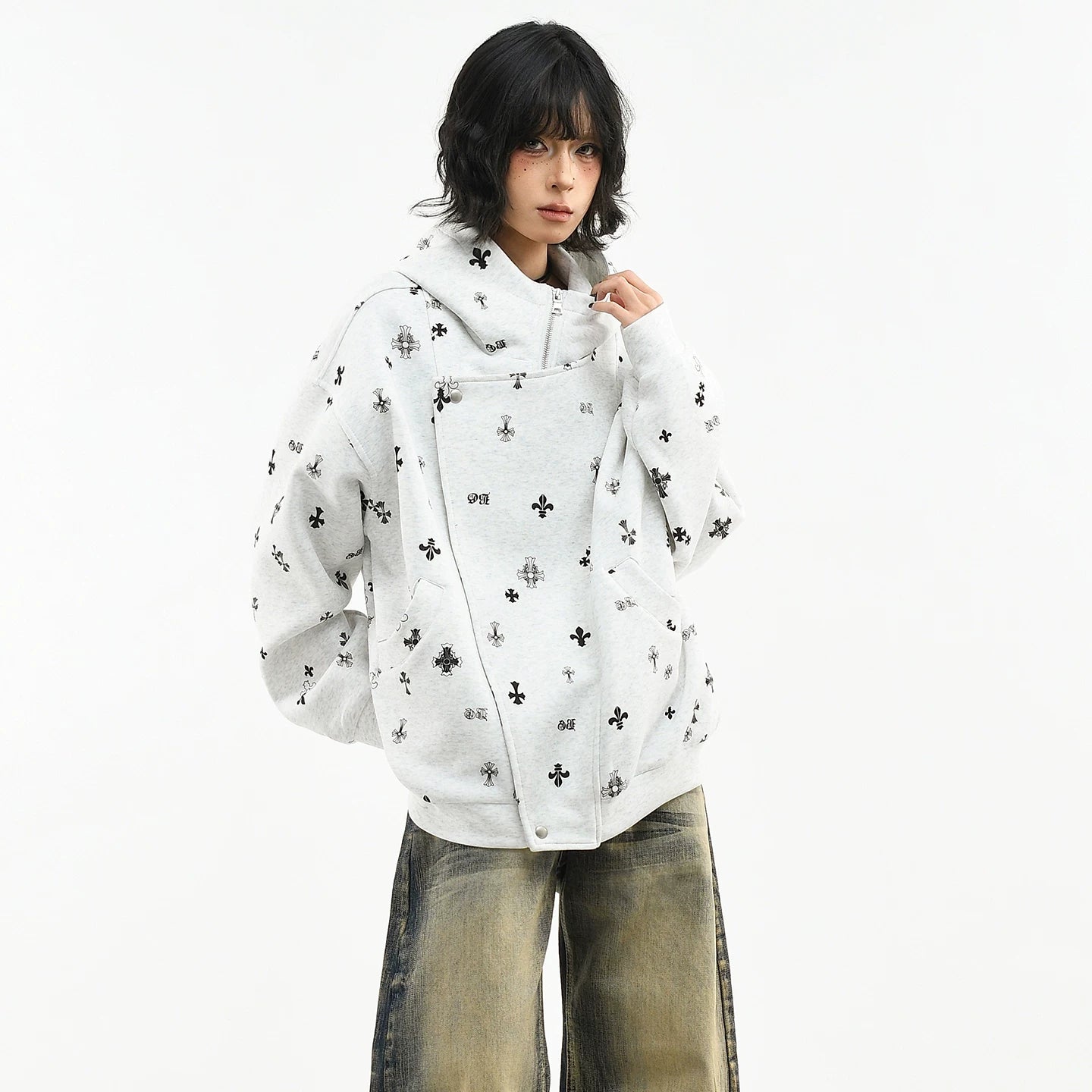 OV original American Gothic style cross full print hooded sweatshirt for women's spring loose zipper cardigan jacket for men's fashion