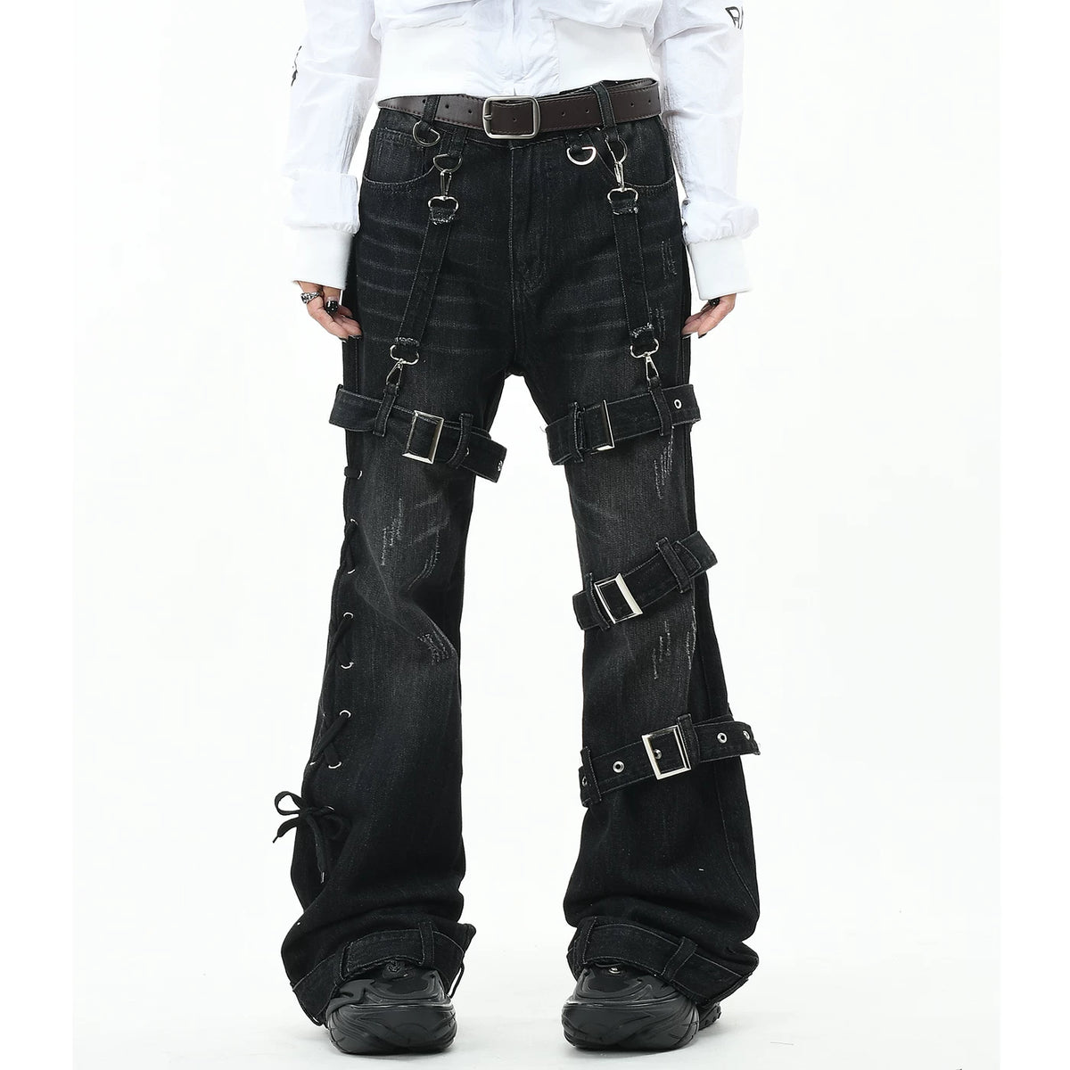 OV Original Punk Abi Style Strap Design Washed Jeans for Men and Women, Slim Fit, Micro Horn, Show Thin and Long Pants, Trendy