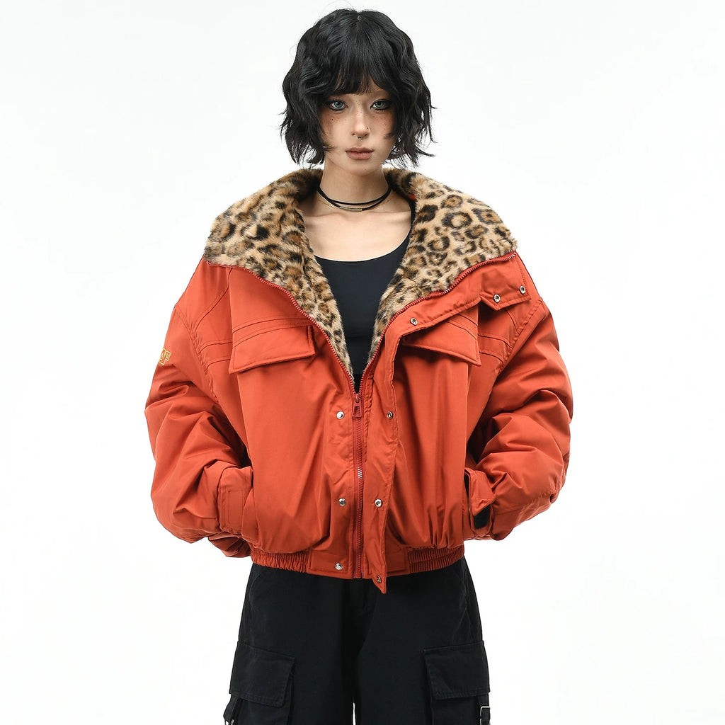 OV原创美式廓形剪裁豹纹座山雕棉服外套女冬季宽松加厚保暖棉衣男