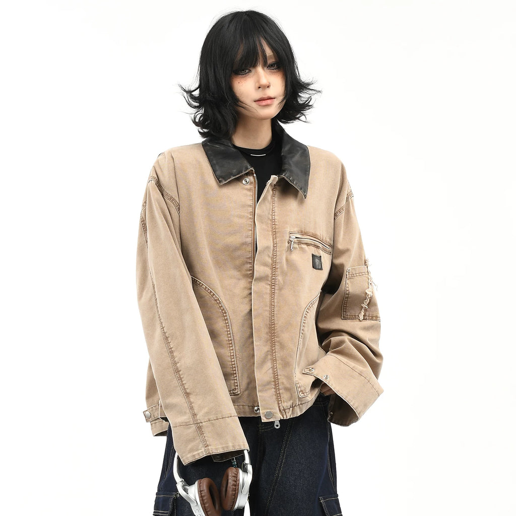 OV original American retro Detroit vintage washed workwear jacket, women's destructive design sense, autumn coat, men's trend