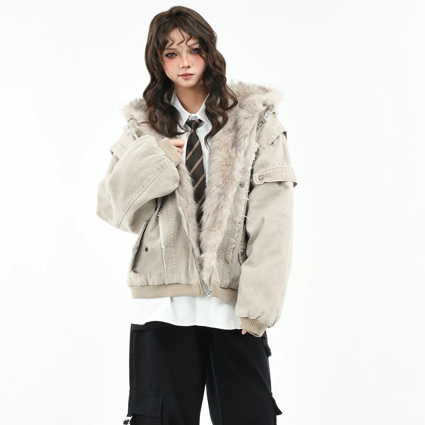 OV Original American Deconstructed Edge Splicing Used Cotton Jacket for Women Winter Seat Mountain Carving Loose Hooded Cotton Jacket for Men