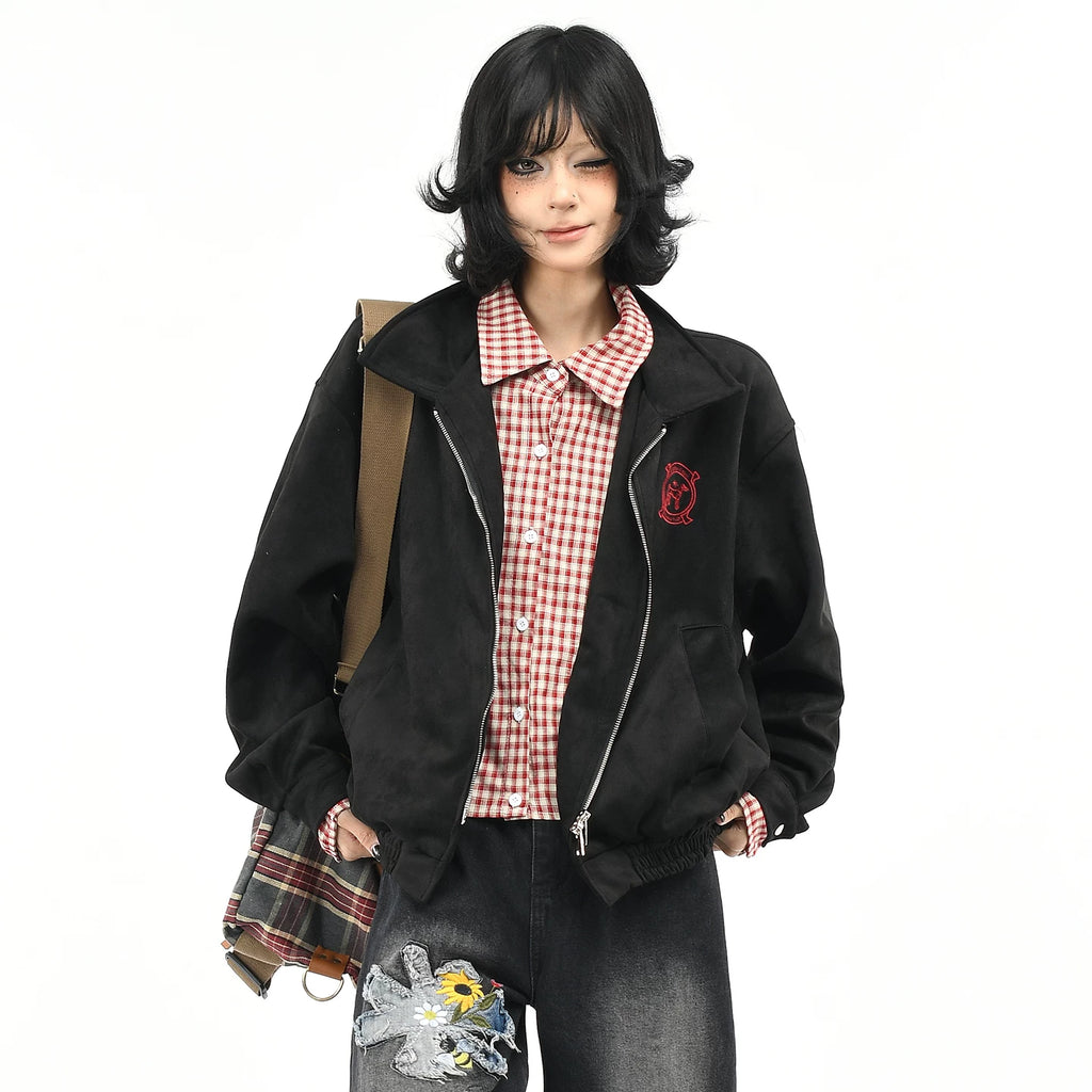 OV original American retro checkered fake two-piece spliced suede jacket for women's autumn loose casual jacket for men's fashion