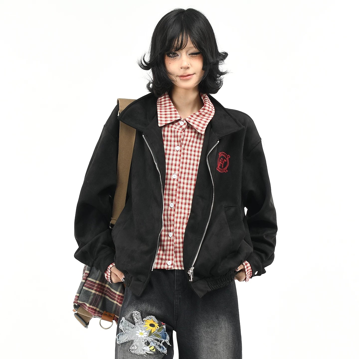 OV original American retro checkered fake two-piece spliced suede jacket for women's autumn loose casual jacket for men's fashion