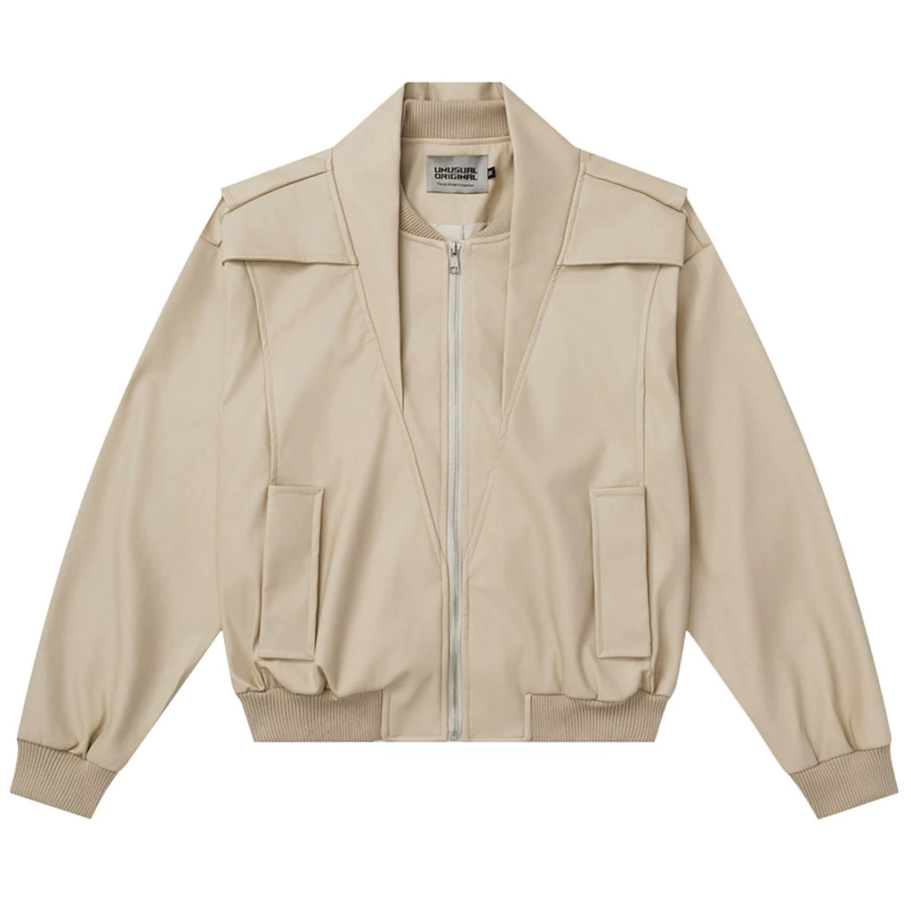 OV original American deconstruction splicing functional style PU leather jacket for women, autumn high-end feeling, wide loose neck jacket for men