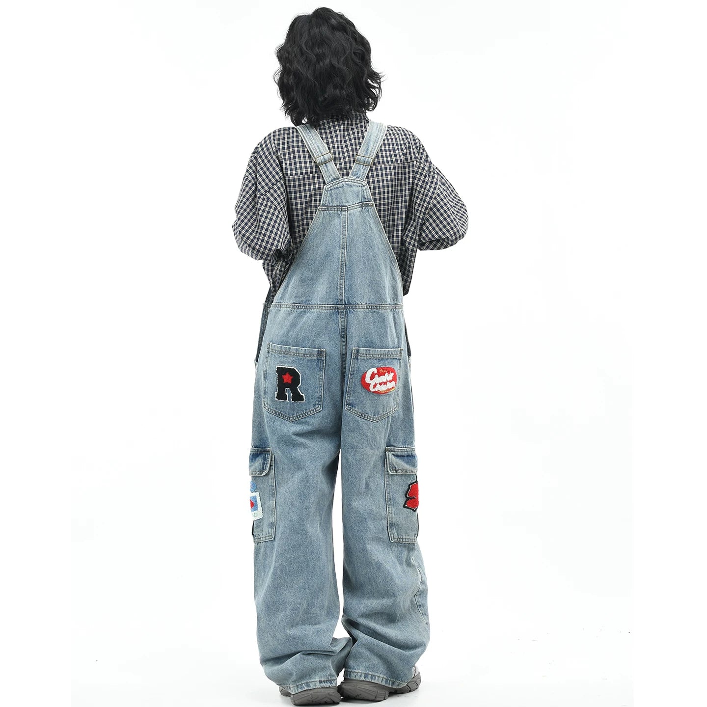 OV Original/American Plush Embroidery Washed Cowboy Strap Pants for Women Retro Loose Trendy Brand Ins jumpsuit Pants for Men