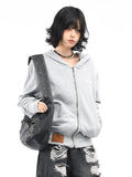 OV original American vintage washed widened thread short hooded sweatshirt for women in autumn, slimming down and waist cinching cardigan jacket