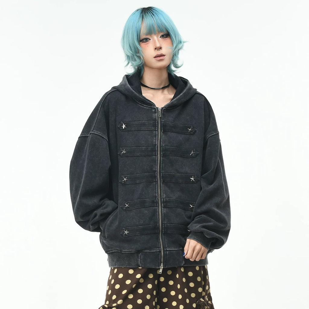 OV original light Asian style pork rib rivet made old hooded sweatshirt for women, autumn street loose zipper cardigan jacket for men