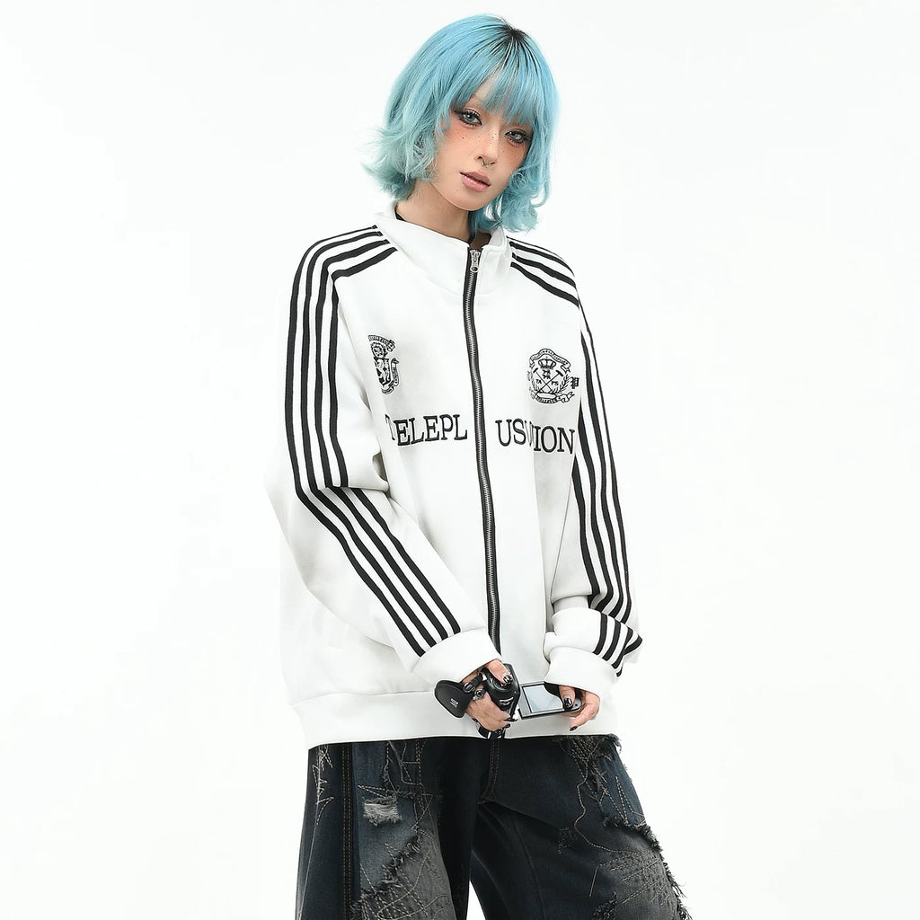 OV original American sports style vintage dirty dyed hoodie for men and women in autumn loose four bar patchwork cardigan jacket trend