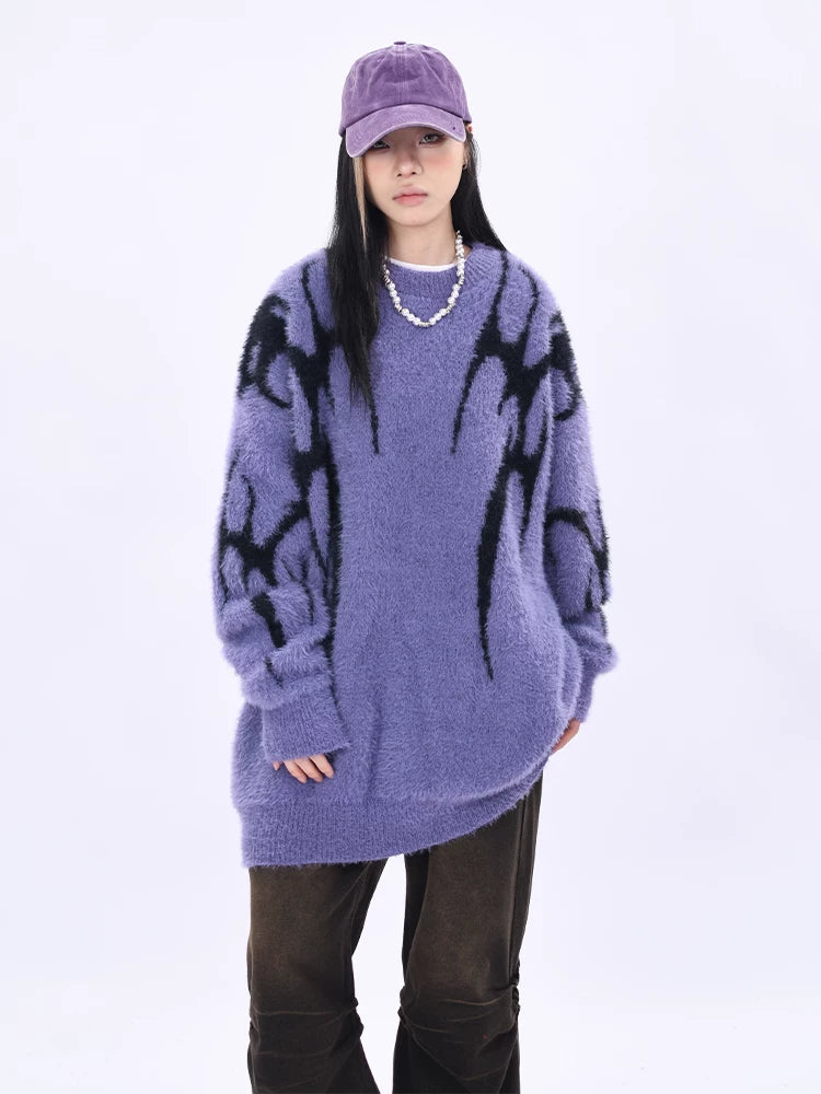 OV original autumn and winter high street retro jacquard design round neck sweater for men and women loose mohair lazy knit sweater trend
