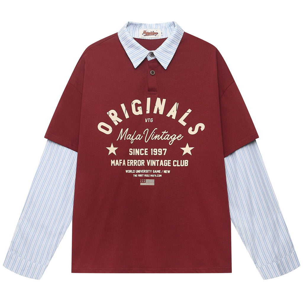 OV Original/American Retro Fake Two Piece Stripe Splicing Collar T-shirt for Men and Women Autumn Street Loose Long Sleeve Polo