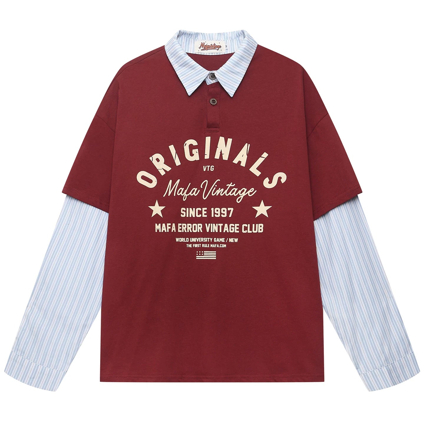 OV Original/American Retro Fake Two Piece Stripe Splicing Collar T-shirt for Men and Women Autumn Street Loose Long Sleeve Polo