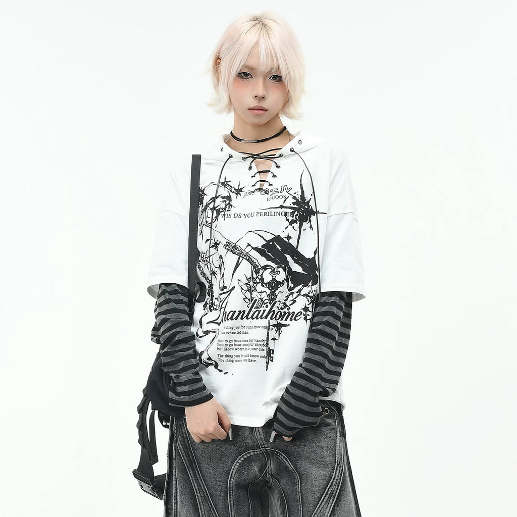 OV original high street Abi style strap V-neck long sleeved T-shirt for men and women autumn loose fitting fake two-piece spliced hooded top