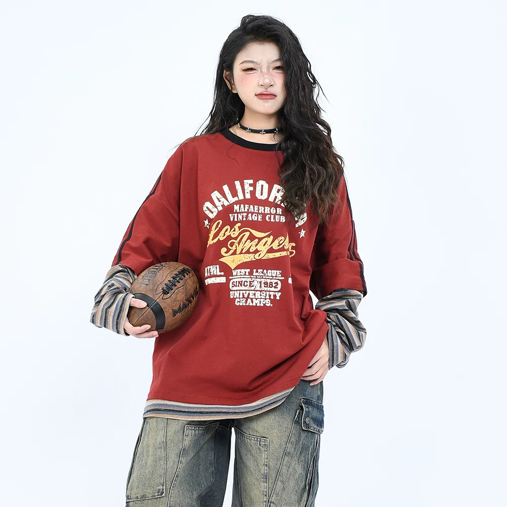 OV Original/Spring New American Retro Stripe Splicing Fake Two piece Long sleeved T-shirt for Men and Women Loose Couple Top
