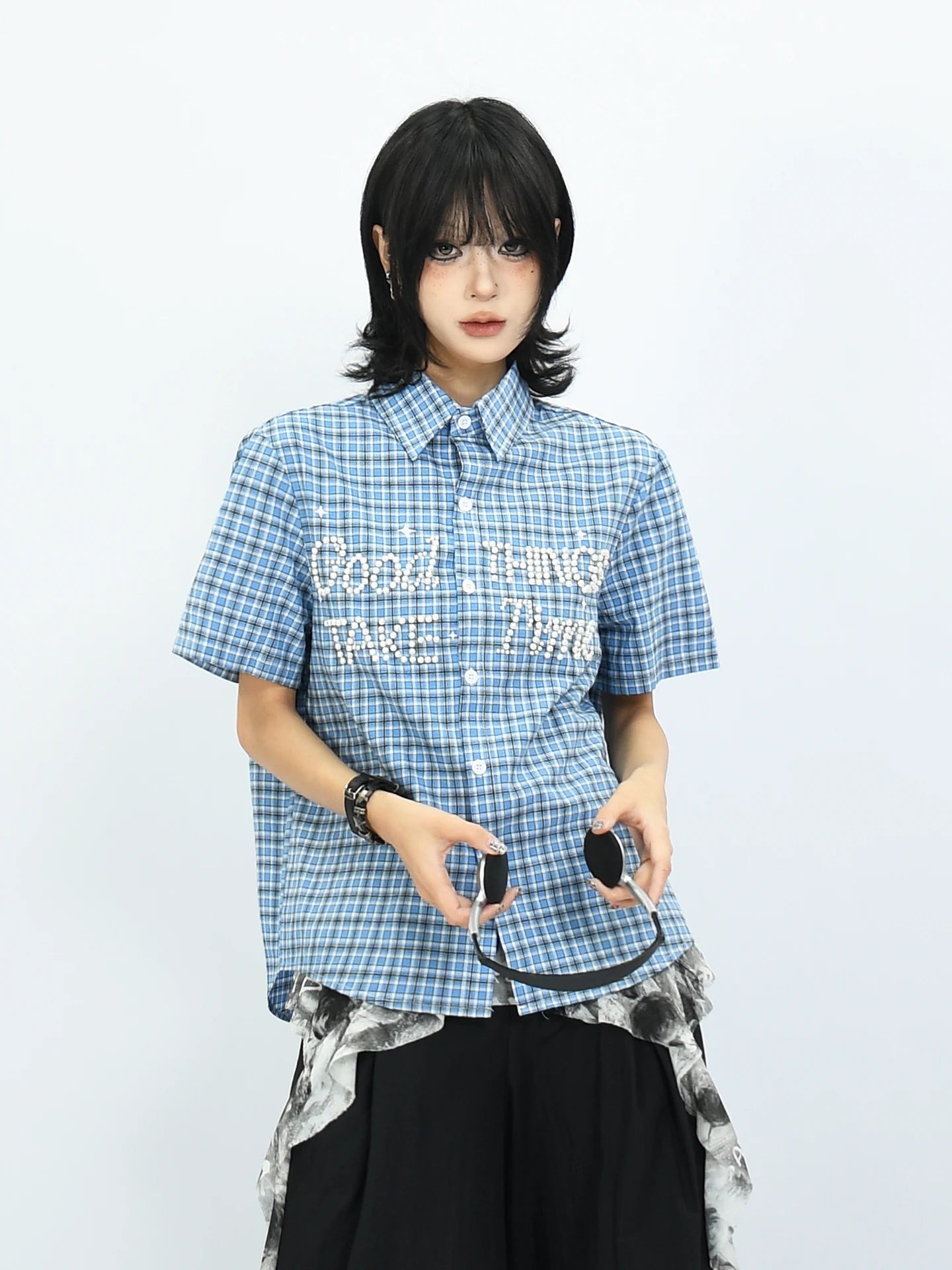 OV original American retro checkered shoulder short sleeved shirt with women's nail bead design, casual short style, summer shirt trend
