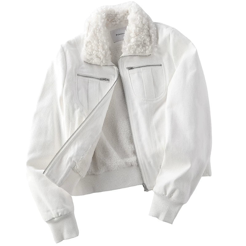 OV original American retro lamb fur collar with plush warm jacket for women's winter short style, front shoulder slimming cotton jacket