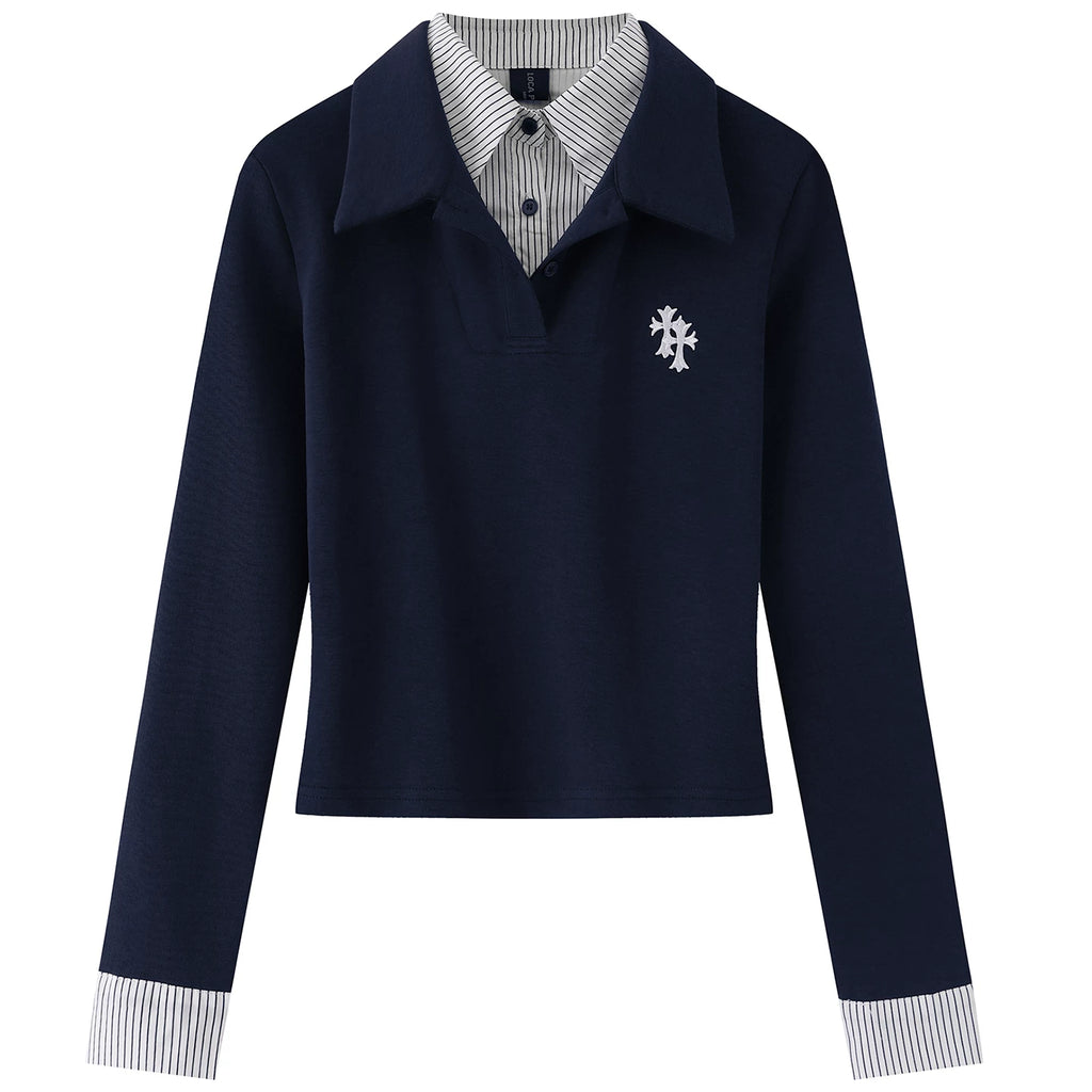 OV Original/American College Style Vacation Two POLO Collar Long Sleeve T-shirt for Women Autumn Short Shoulder Casual Top Trendy