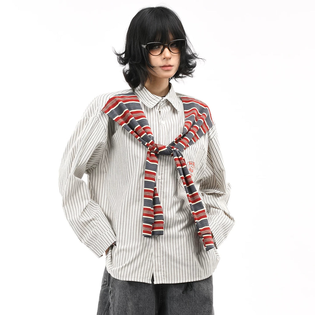 OV original American retro striped shawl design long sleeved shirt for men and women autumn street loose casual shirt trend