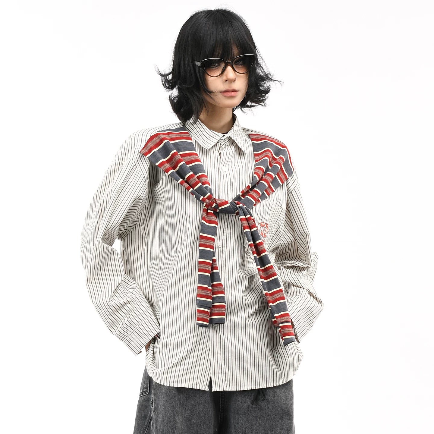 OV original American retro striped shawl design long sleeved shirt for men and women autumn street loose casual shirt trend