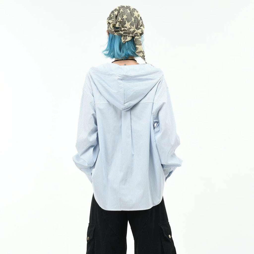 OV original college style vertical striped hooded long sleeved shirt for men and women in autumn, loose and versatile casual couple shirt trend