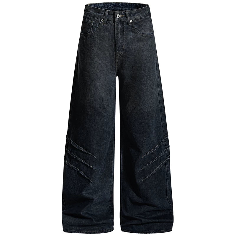 OV original American style dirty dyed distressed folded washed denim jeans for men and women, loose wide leg pants for the streets, men's fashion