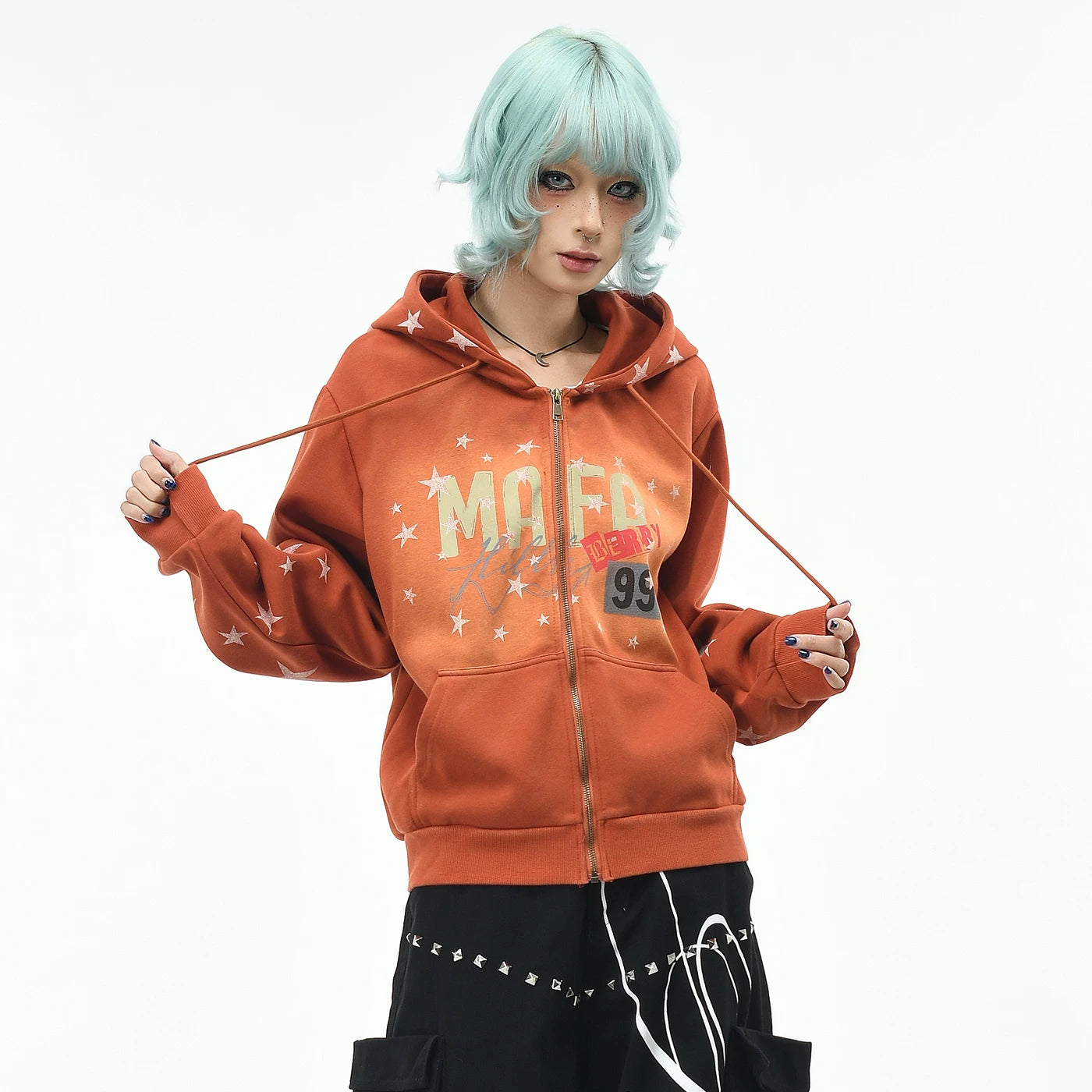 OV original retro star graffiti gradient tie dye hooded sweatshirt for men and women autumn loose short cardigan jacket trendy