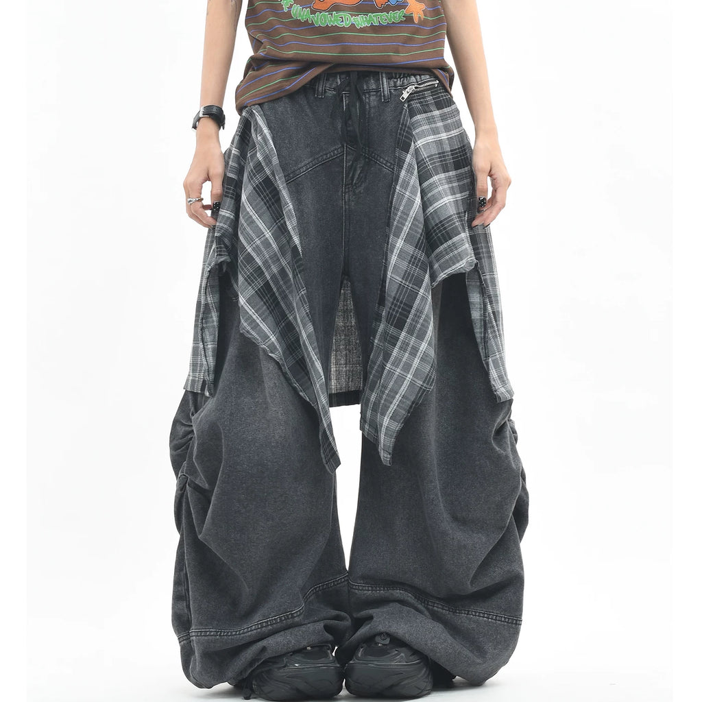 OV original American plaid fart curtain, detachable and layered jeans for men and women, loose and wide leg pleats, worn pants, trendy