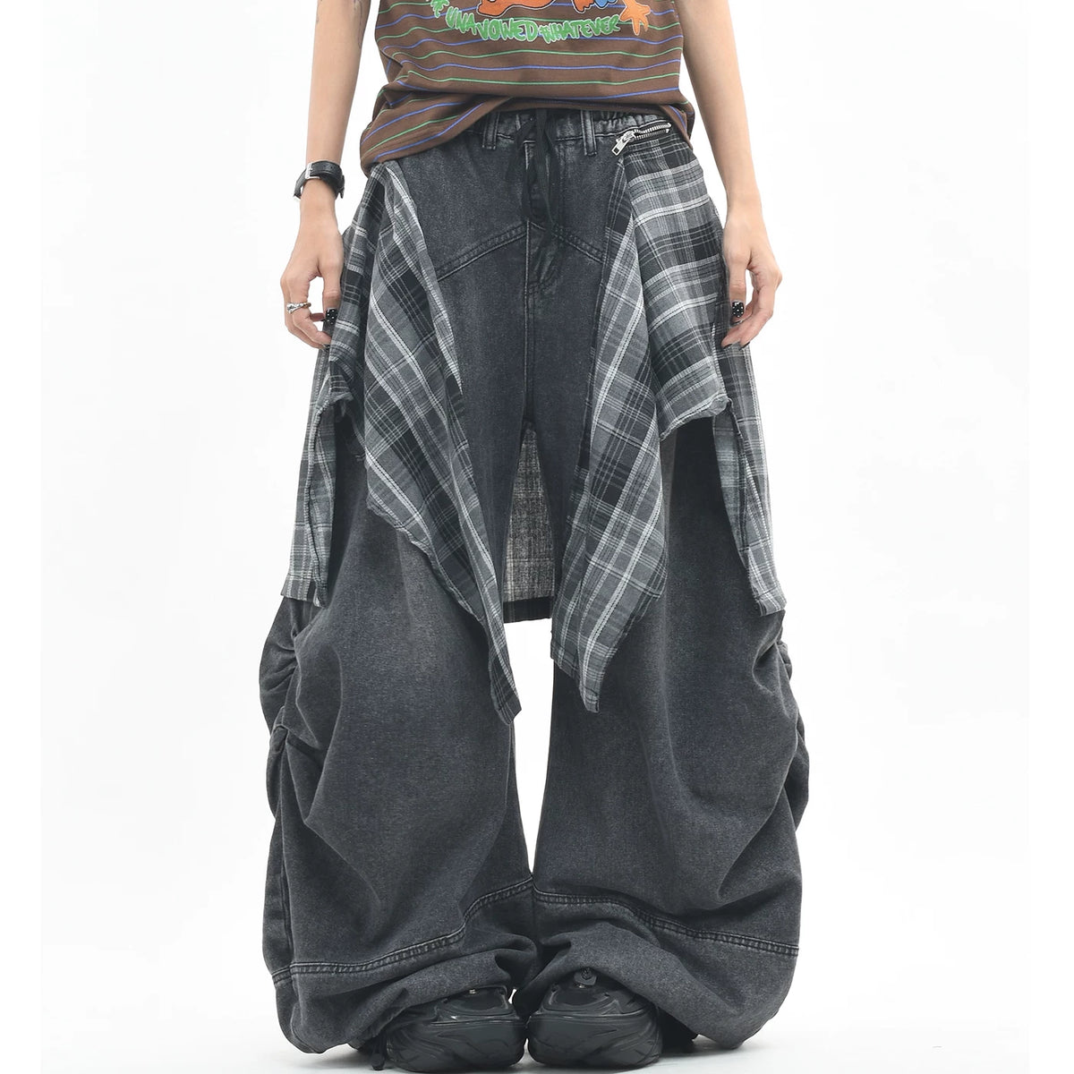 OV original American plaid fart curtain, detachable and layered jeans for men and women, loose and wide leg pleats, worn pants, trendy