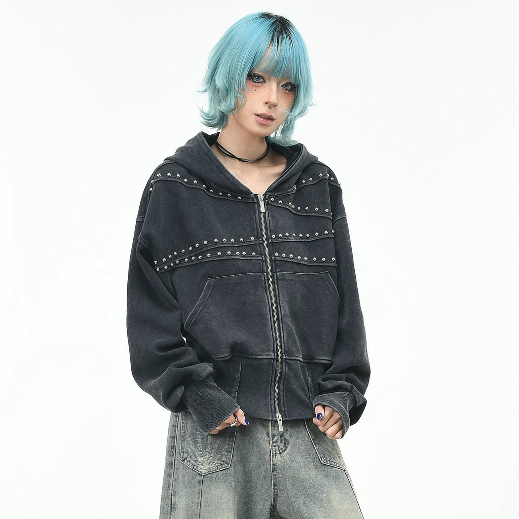 OV Original Retro Rivet Cut, Vintage, Back Waist Hoodie, Women's Autumn Loose Short Zipper cardigan Coat