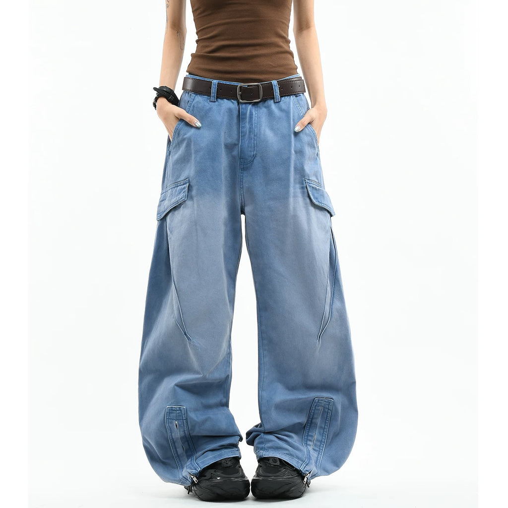 OV original American functional deconstruction splicing to make old washed casual pants for men and women loose wide leg pleated work pants trendy