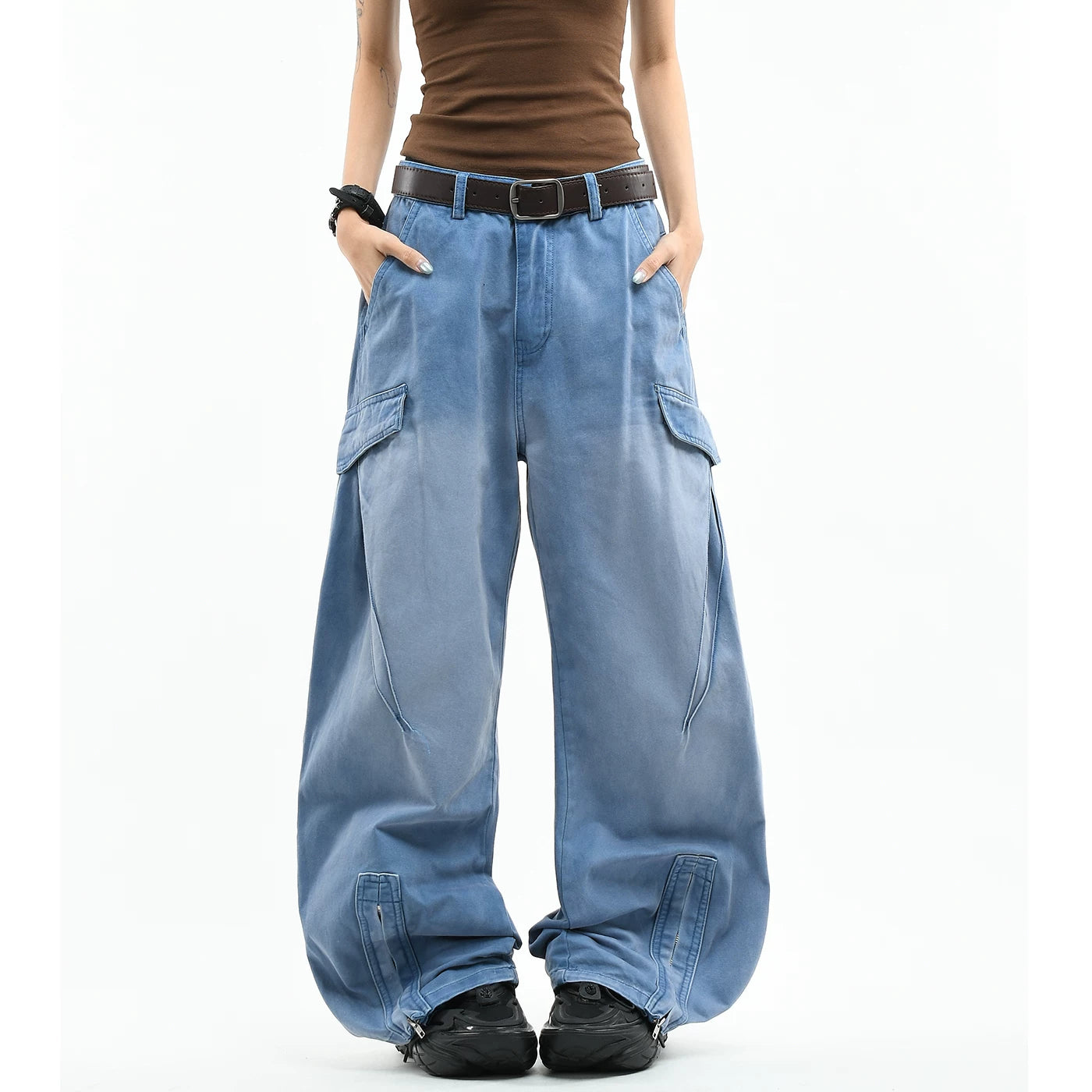 OV original American functional deconstruction splicing to make old washed casual pants for men and women loose wide leg pleated work pants trendy