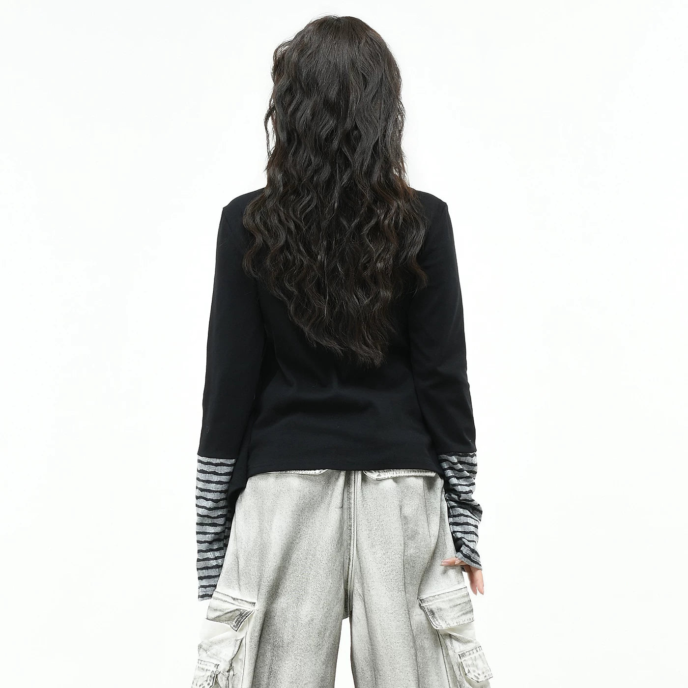OV Original/Subcultural Stripe Fake Two Piece Splicing Long Sleeve T-shirt for Women's Autumn Slimming Short Style Stacked Trendy Brand Top