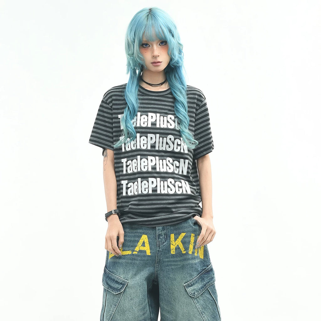OV original/retro striped letter printed shoulder T-shirt for men and women in summer loose short sleeved niche light Asian top trend