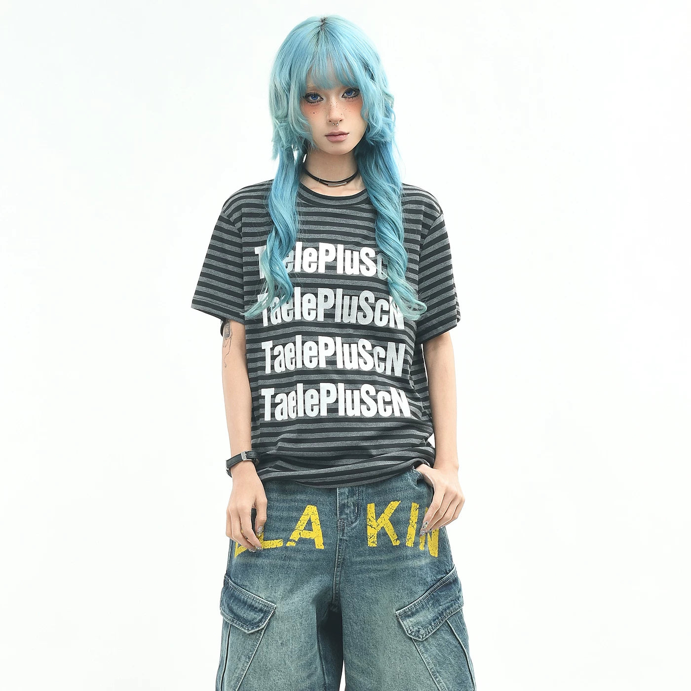 OV original/retro striped letter printed shoulder T-shirt for men and women in summer loose short sleeved niche light Asian top trend