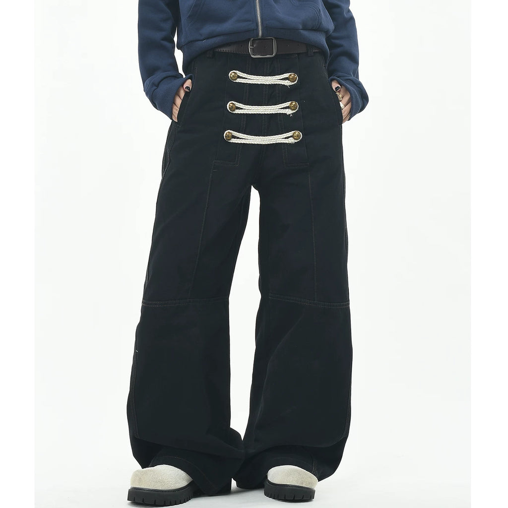 OV original palace style rope embroidery double breasted design sense casual pants for men and women loose wide legs deconstruction workwear pants trend