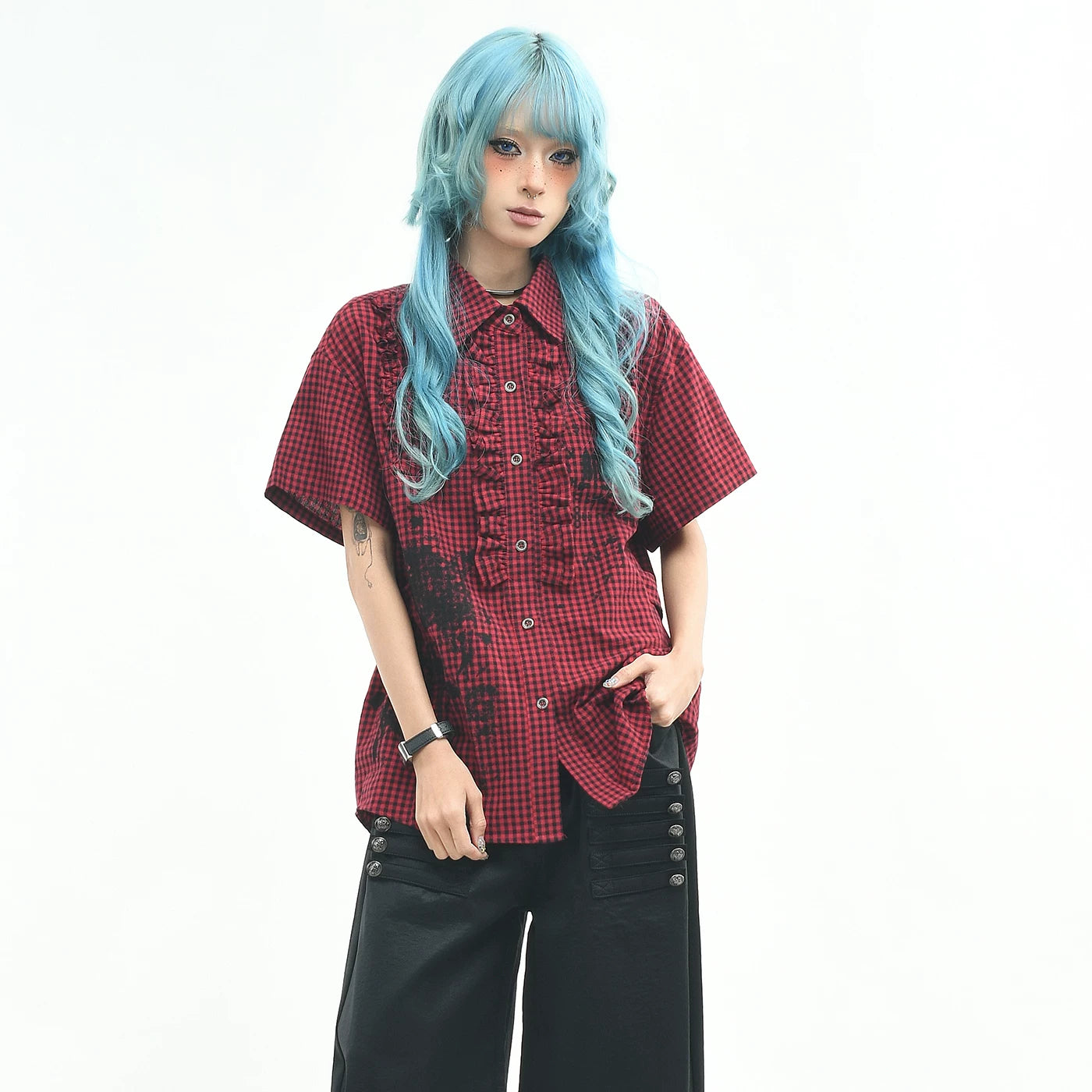 OV original American retro plaid pleated short sleeved shirt for men and women in summer, loose fit, waist cinching, slimming couple shirt trend