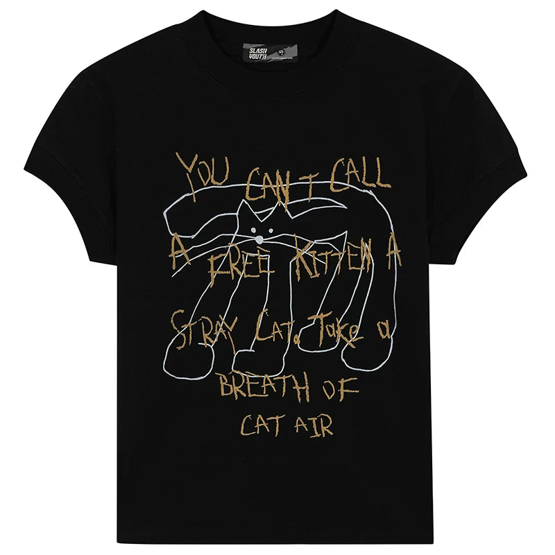 OV Original/Summer American Fun Long Leg Cat Printed Short Sleeve T-shirt for Women Solona Cool Shoulder Top Trendy