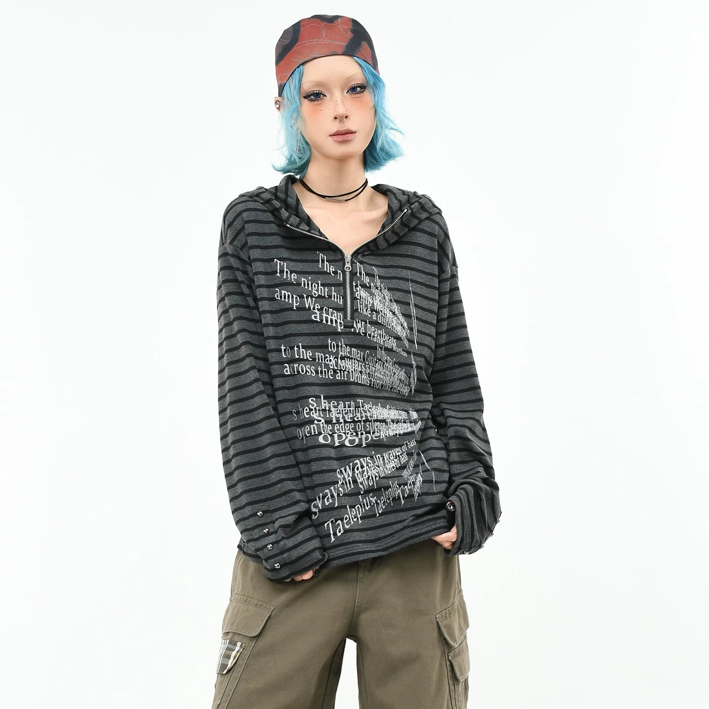 OV original/light punk style rivet stripe hooded long sleeved T-shirt for men and women in autumn loose half zip top trend
