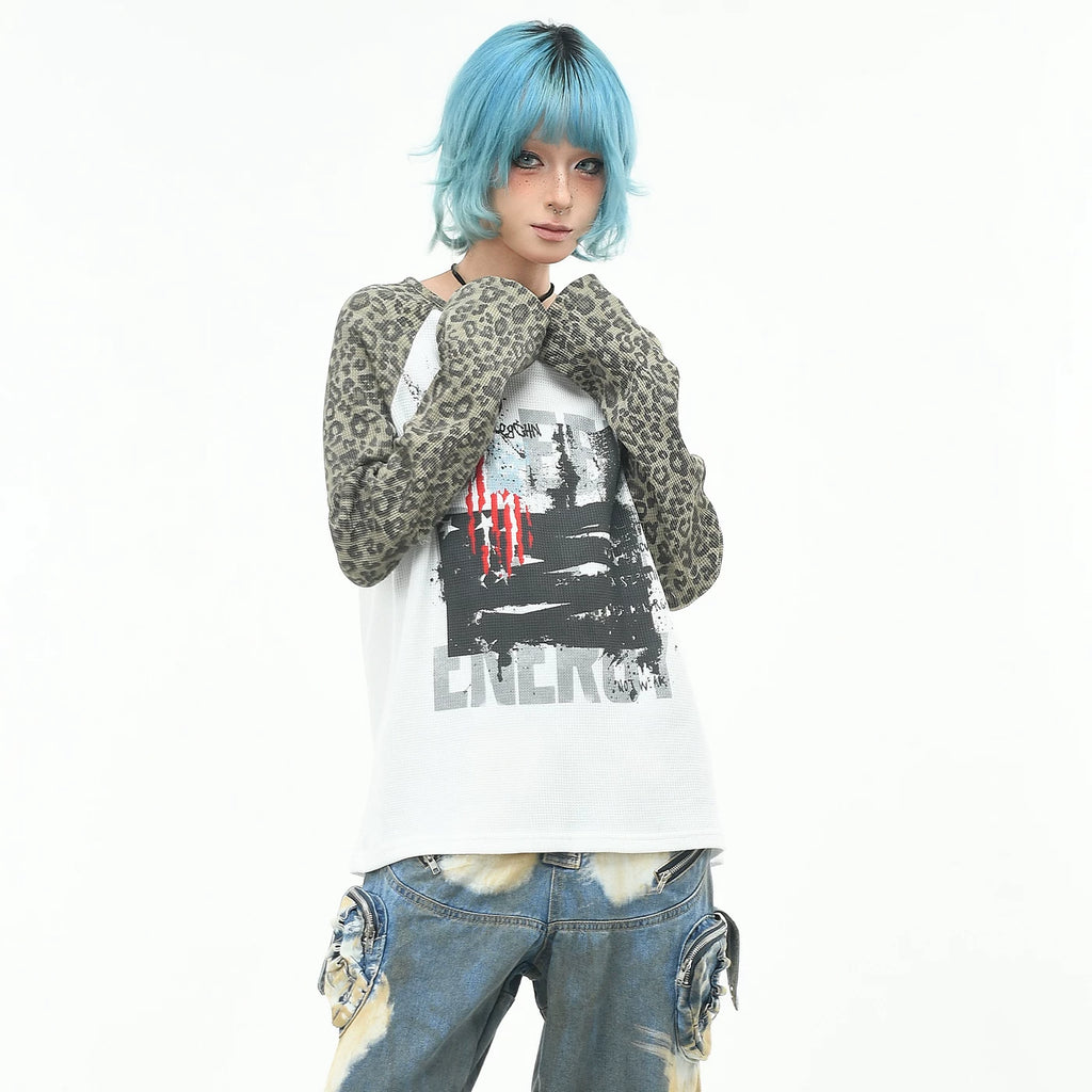 OV original/American leopard print contrasting short long sleeved T-shirt for men and women in autumn subculture loose waffle top trend