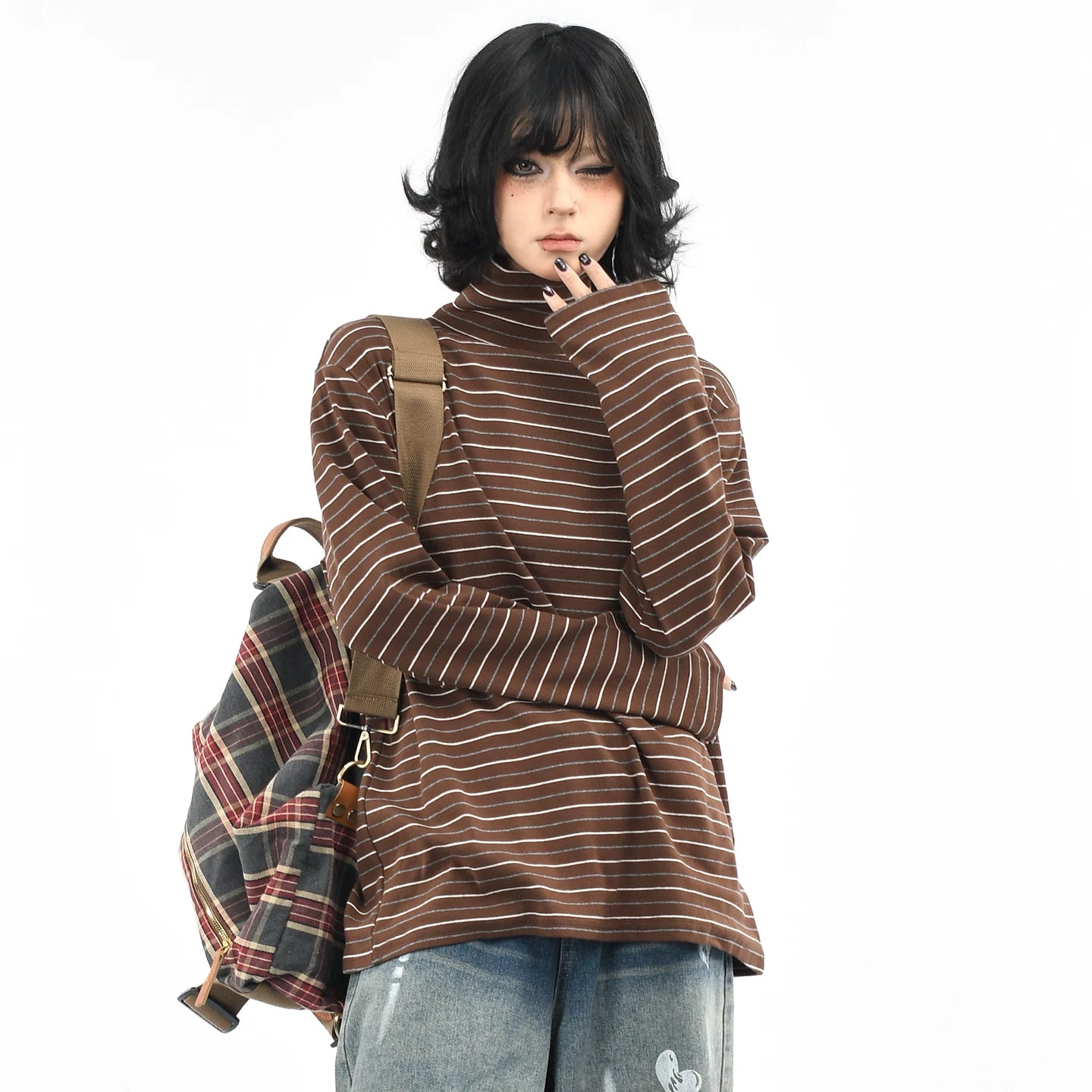 OV Original/American Money Style Striped High Collar Long Sleeve T-shirt for Men and Women in Autumn, Loose and Versatile Bottom Shirt, Top Trendy