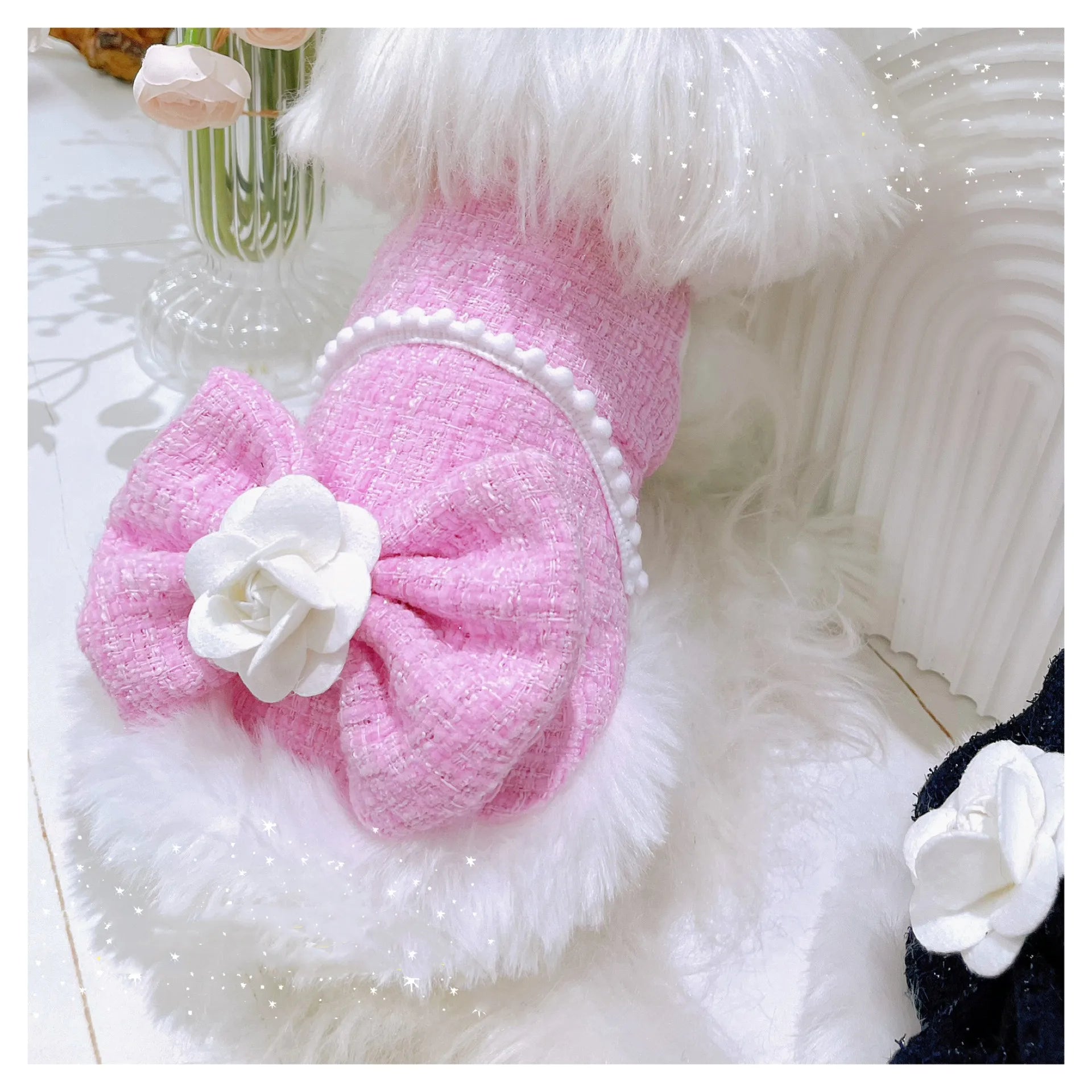 Pink Black Classic Camellia Warm Pet Coat Luxury Winter Brand Dog Dress