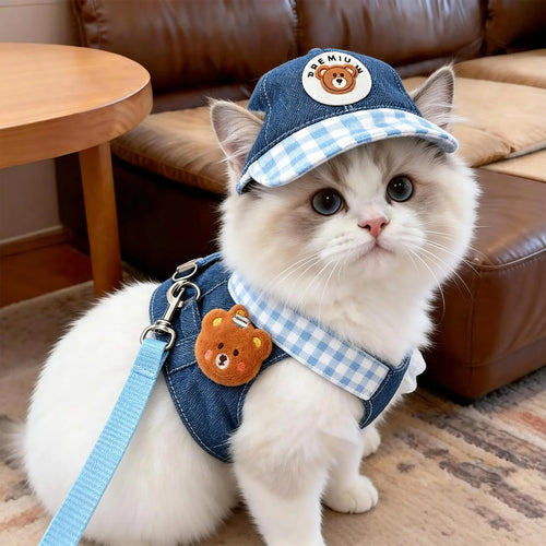 Cute Pet Collars Dog Cat Hat Spring/Summer Outing Sunshade Hat Cute Chest Strap Vest Dog Harness and Leash Set Puppy Accessories