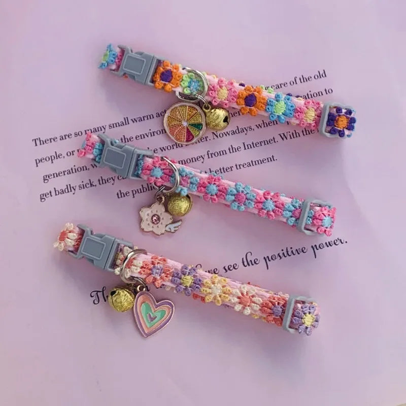 High cost-effective colored linen pet collar with bell and flower decorations for cats and dogs