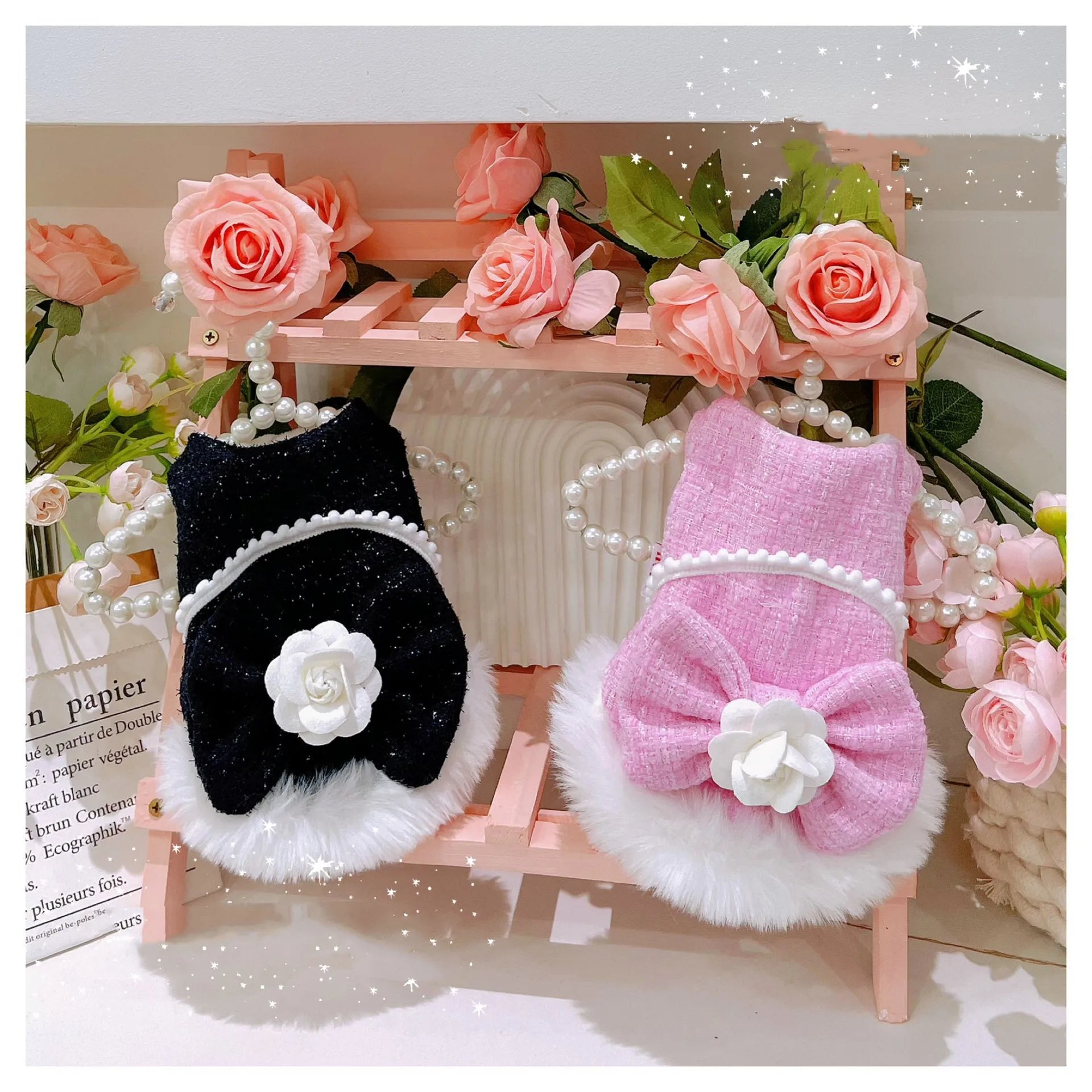 Pink Black Classic Camellia Warm Pet Coat Luxury Winter Brand Dog Dress